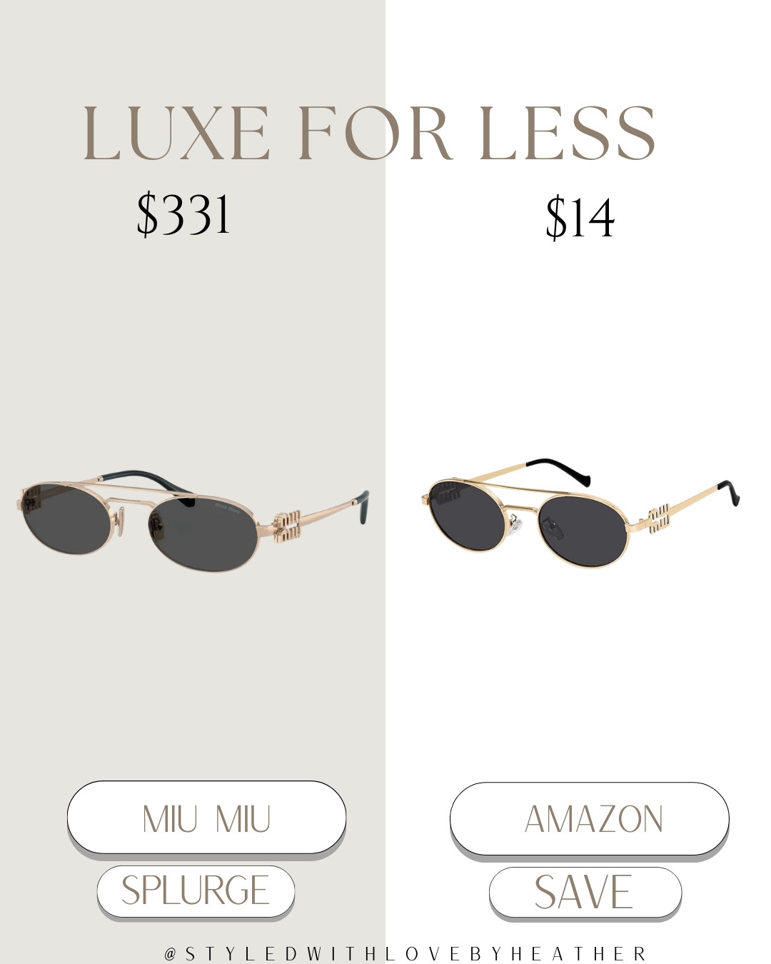 Miu Miu Sunglasses vs Amazon

✨ Luxe for Less: The Statement Oval Sunnies ✨
That cool-girl designer frame… minus the $300+ cost 👀
This Amazon dupe gives the same vintage-inspired vibe — bold, stylish, and instantly completes any look.

Fashion-forward for less.
Shop the Splurge vs Save on my LTK ✨  

 #LTKootd #LTKvlog #LTKSwim