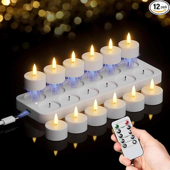 GenSwin 12 Rechargeable Tea Lights Candles with Charging Base and Remote Timer, Flameless LED Tea... | Amazon (US)