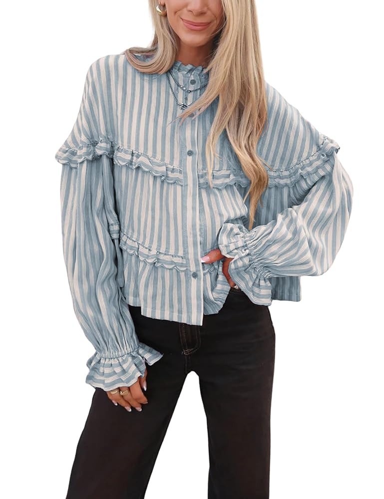Tanming Womens Striped Button Down Shirts Ruffled Long Sleeve Stand Collar Shirt Dressy Casual Bl... | Amazon (US)