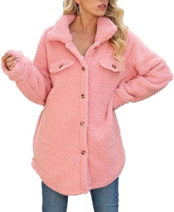 Vipwest Womens Fall Winter Sherpa Jacket Long Sleeve Button Down Fleece Coats Outerwear with Pock... | Amazon (US)