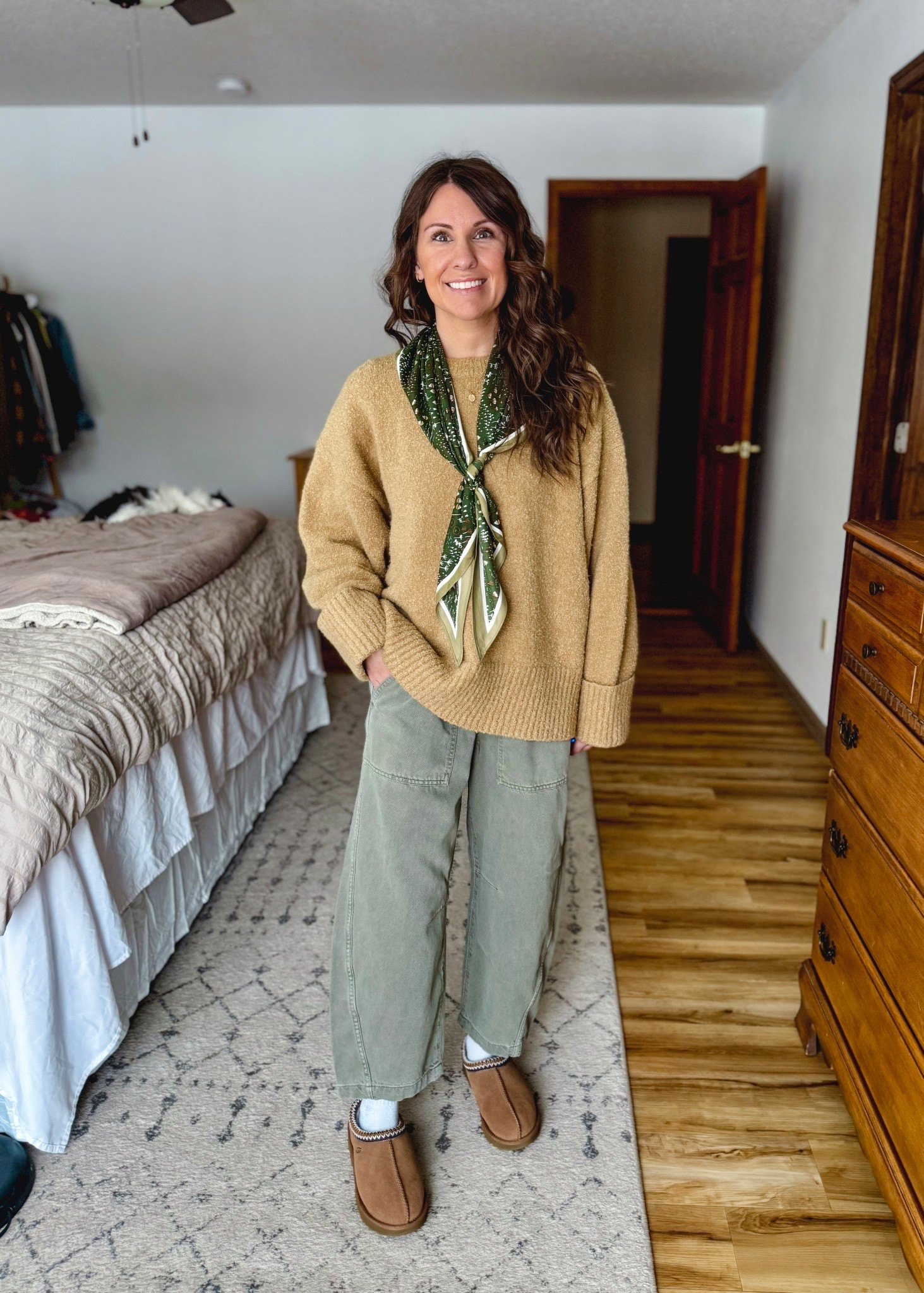 Wearing small in my tee, small in my sweater (oversized), and XS petite/short in my green barrel pants (also own the tan/brown). My ugg Tasmans fit true to size. 

#LTKPetite #LTKSeasonal #LTKootd