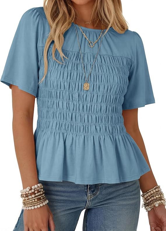 Watashi Women Summer Tops Smocked Elastic Pleated Peplum Ruffle Hem Short Sleeve Babydoll Top Cas... | Amazon (US)