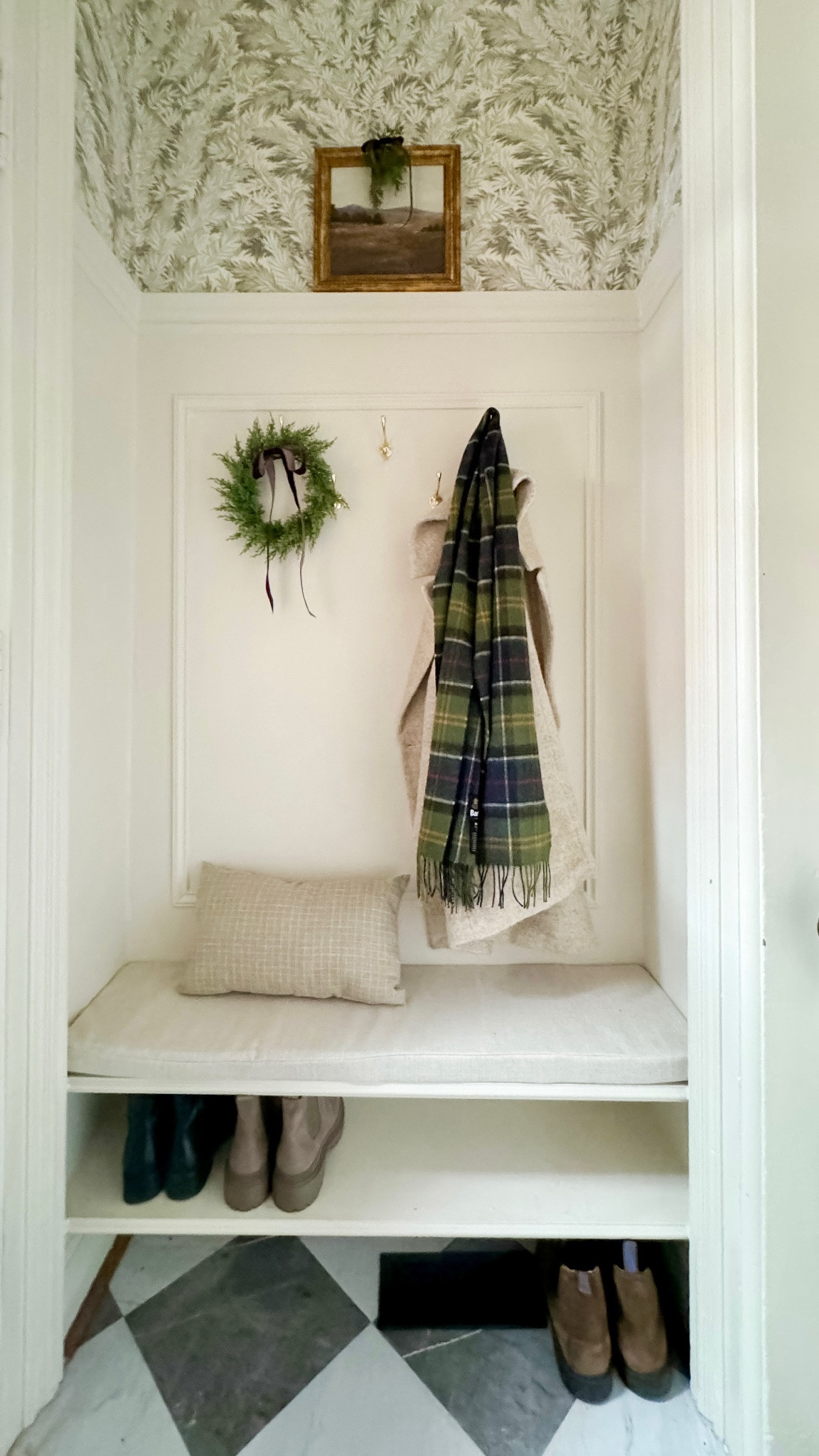 Small entry decor with wallpaper, sea pearl by Benjamin Moore paint, and peal and stick tiles 

#LTKHome #LTKHoliday #LTKSeasonal