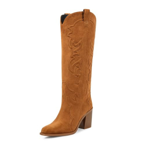 wetkiss Cowgirl Embroidered Brown Suede Dark Brown Cowboy Knee High with Chunky Heel Comfort Tall Western Boots for Women | Amazon (US)