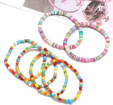 Heishi Bracelets for Women Colorful Vinyl Disc Bead Stretch Bracelets Stackable Beach Surf Letter... | Amazon (US)