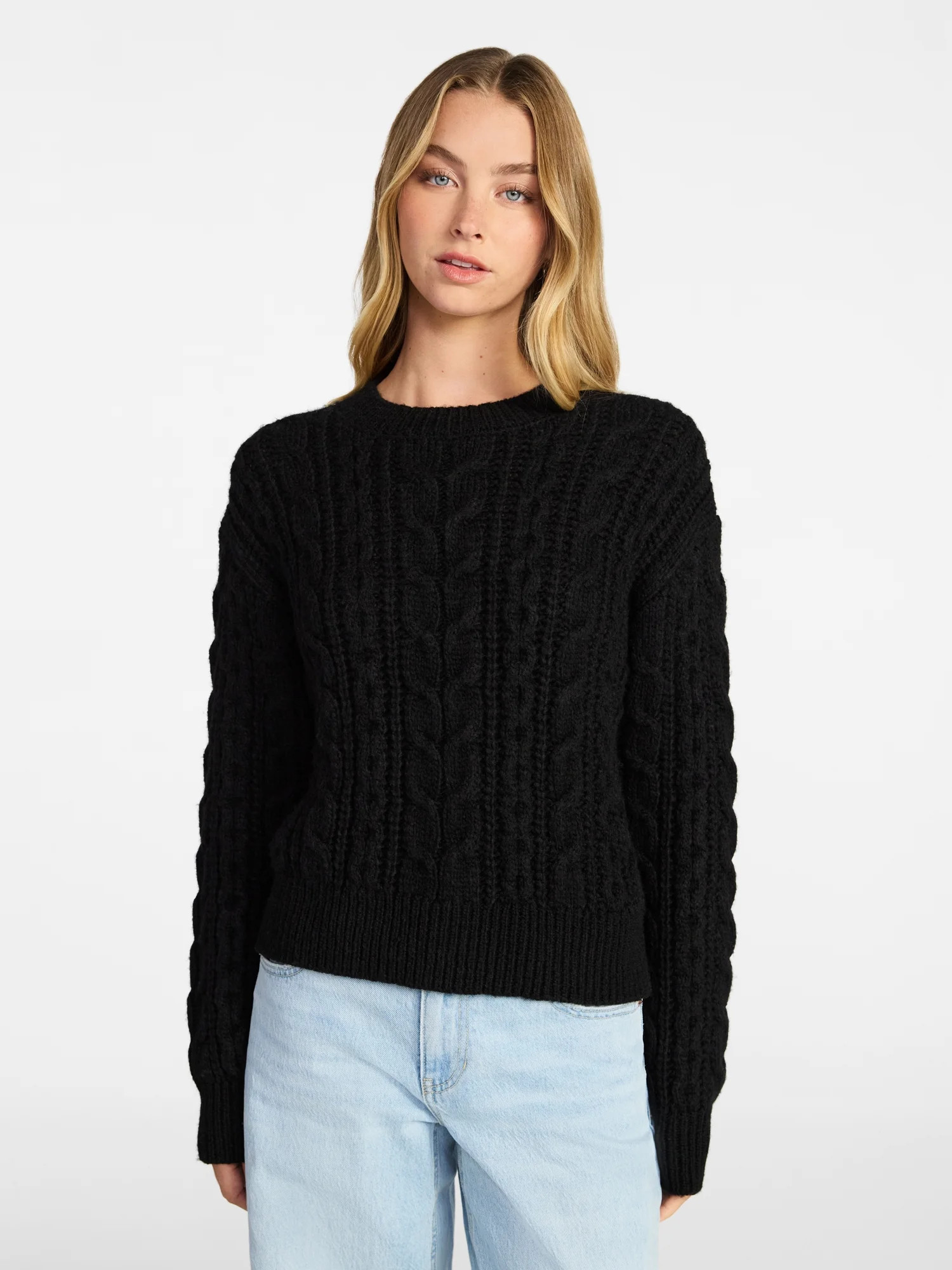 No Boundaries Cable Crewneck Drop Shoulder Sweater, Midweight, Women's XXS-XXL | Walmart (US)