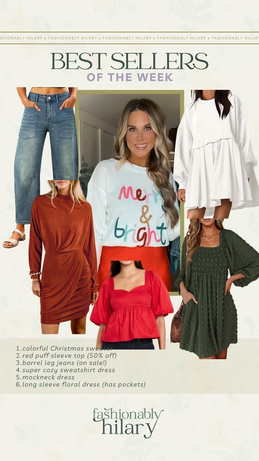 colorful Christmas sweater 
red puff sleeve top (50% off) 
barrel leg jeans (on sale!)
super cozy sweatshirt dress
mockneck dress 
long sleeve floral dress (has pockets) 

#LTKSaleAlert #LTKFindsUnder50 #LTKHoliday