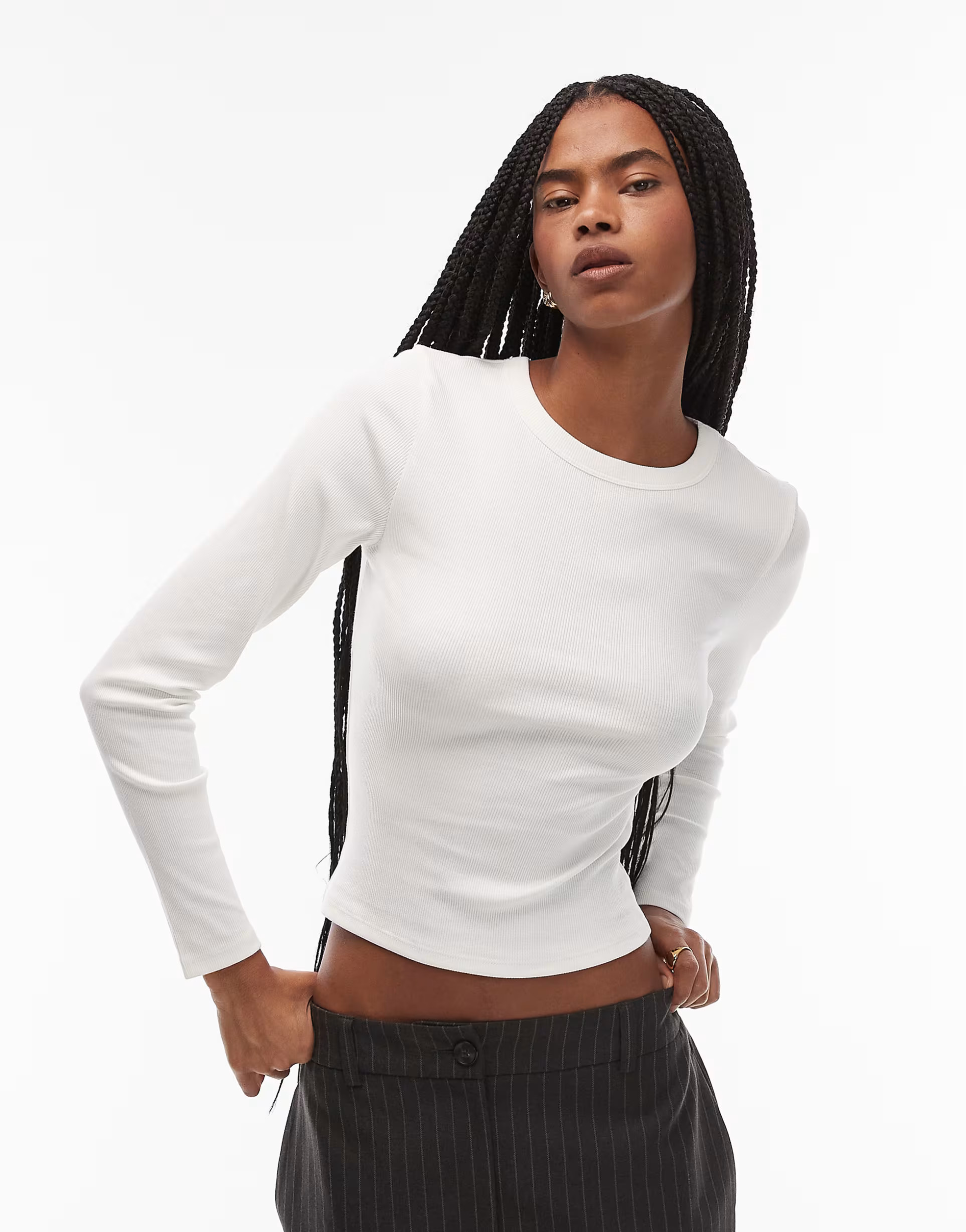 ASOS DESIGN ribbed crew neck long sleeve top in cream | ASOS (Global)