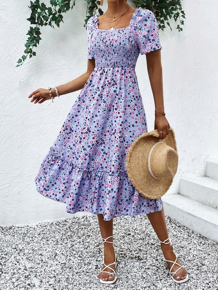 SHEIN VCAY Ditsy Floral Print Square Neck Ruffle Hem Dress | SHEIN