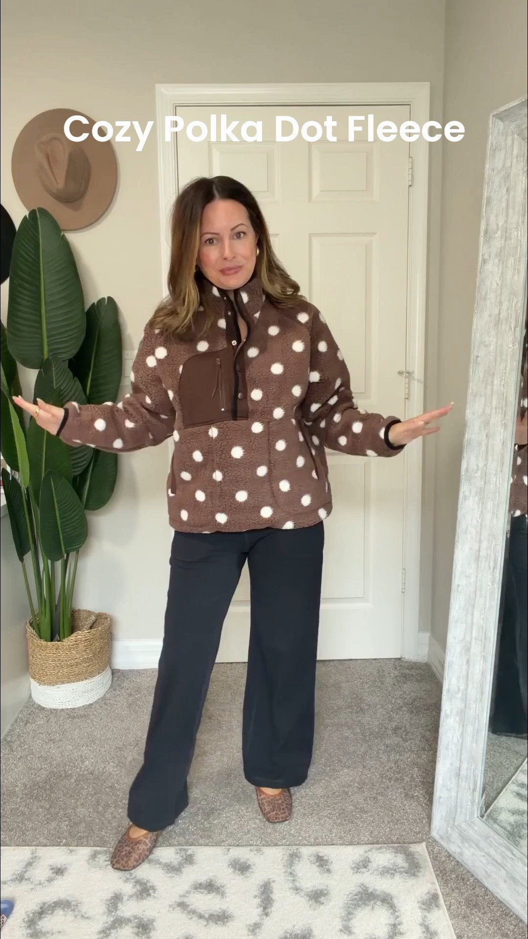 This fleece looks expensive/cozy on!  and the dots stop it from looking like every other Amazon fleece.