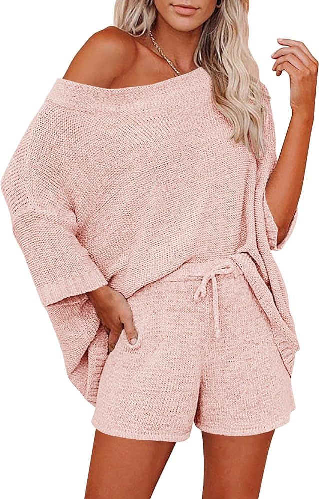 Ermonn Womens 2 Piece Outfits Sweater Sets Off Shoulder Knit Tops Waist Short Suits Casual Pajama Se | Amazon (US)