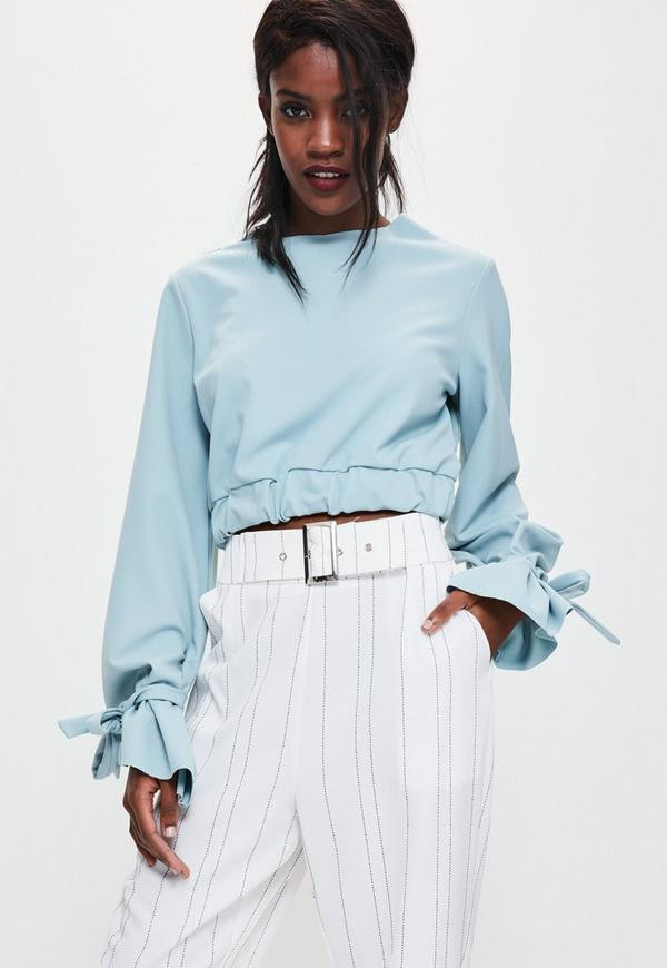 Blue Tie Detail Gathered Hem Top | Missguided (US & CA)