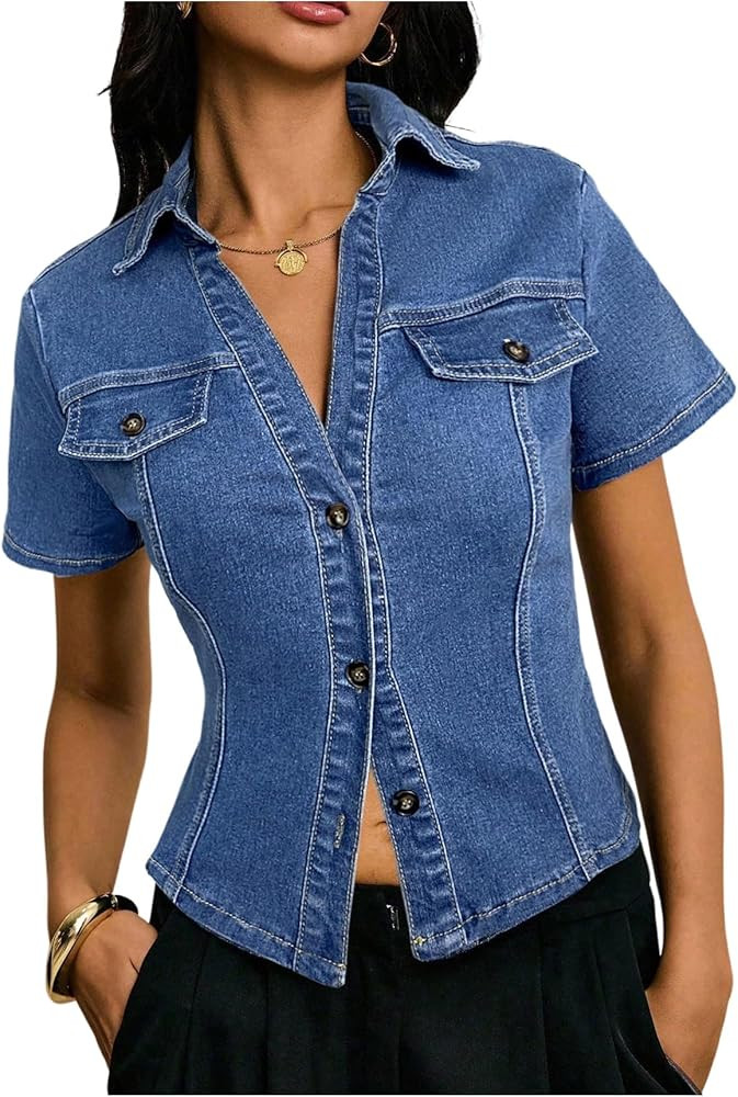 OYOANGLE Women's Short Sleeve Button Down Denim Jackets Collared Fitted Y2K Jean Shirt Tops | Amazon (US)