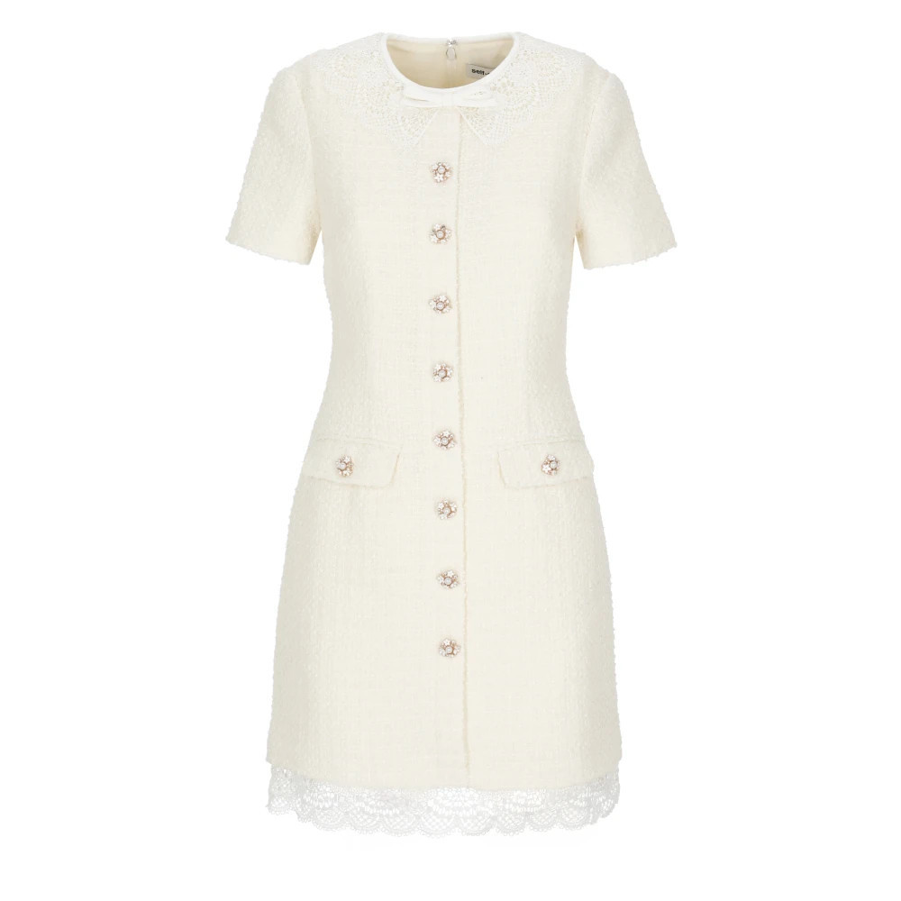 Self Portrait - Bouclé-Kleid mit Spitzenbesatz - - Dresses - Damen - Weiß - S | Miinto DE