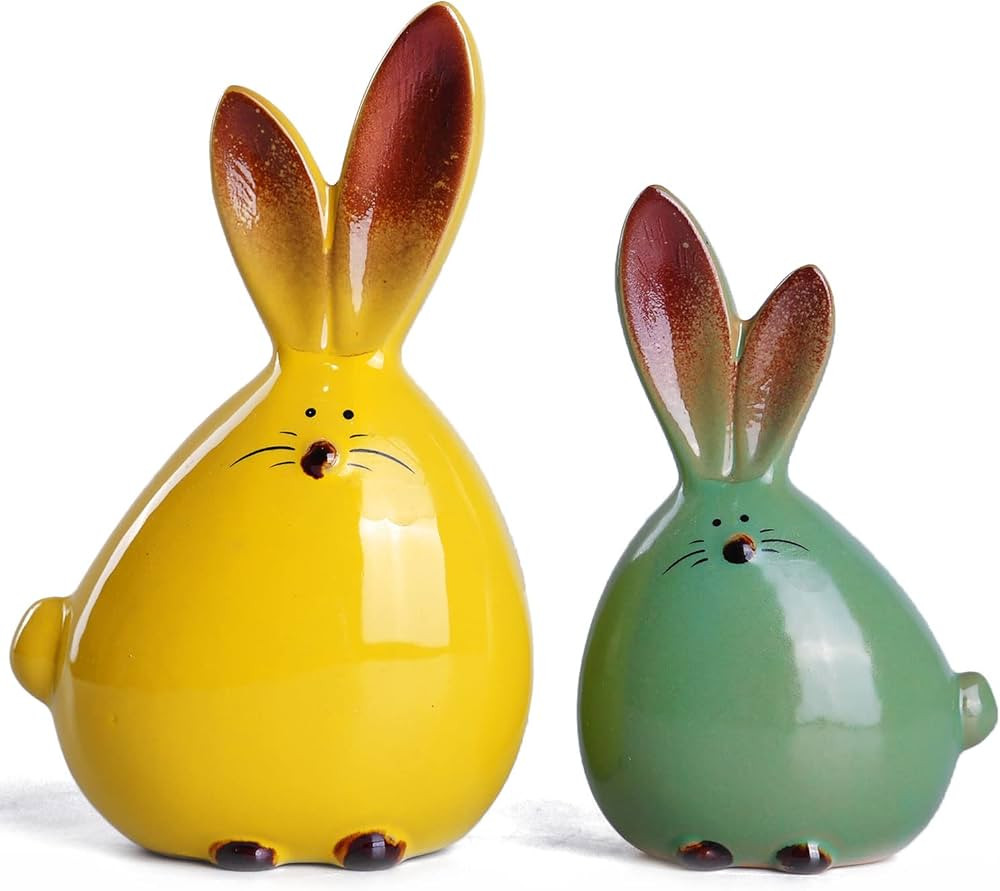 WHJY 2pcs Cute Long-Eared Bunny Sculpture Ornaments Desktop Ceramic Easter Rabbit Bunny Figure,Cu... | Amazon (US)
