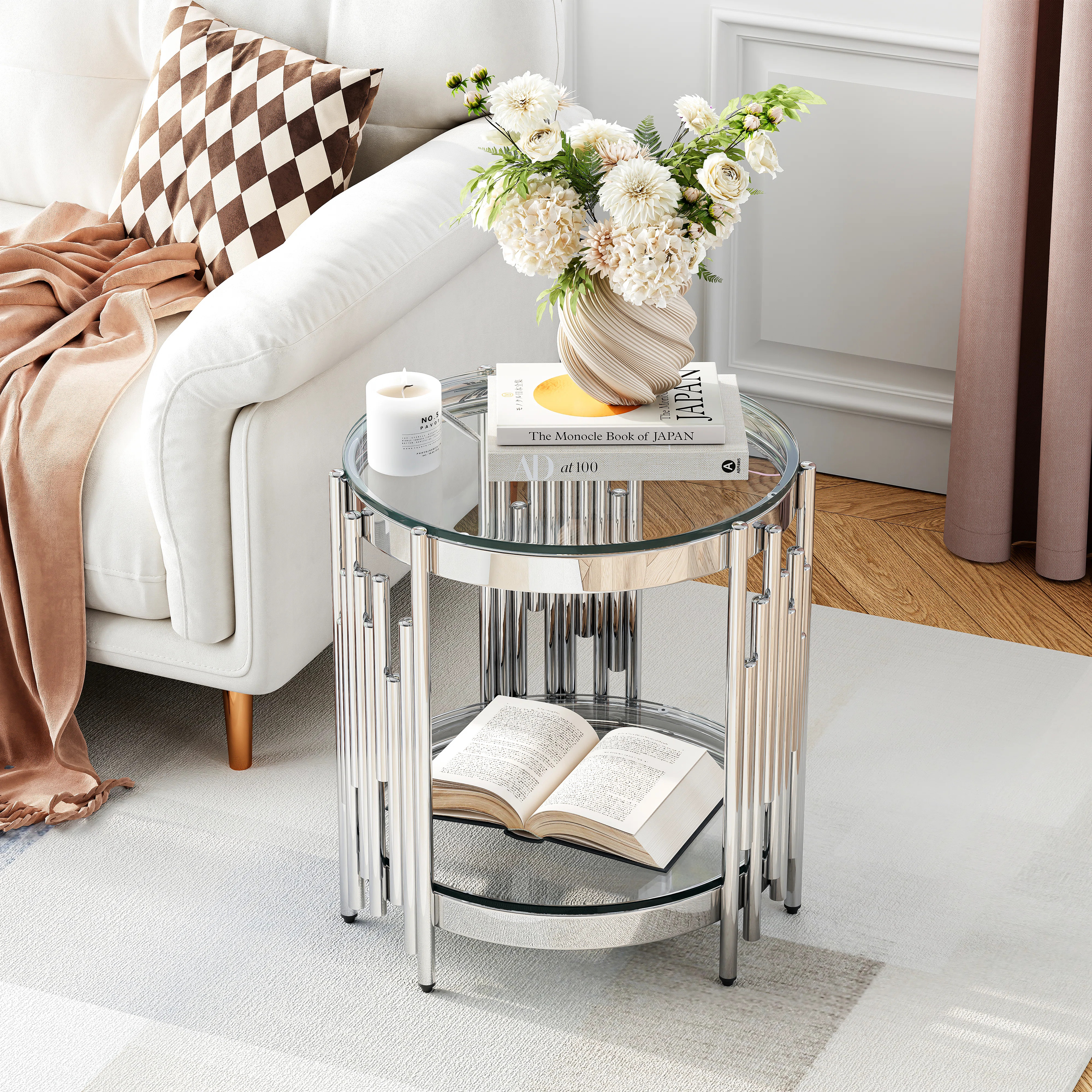 19.69" Round End Table, Two-Tier Tempered Glass And Irregular Cylindrical Stainless Steel Frame | Wayfair North America