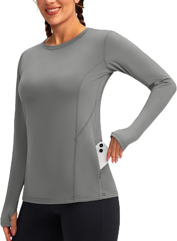Women's Thermal Fleece Tops Long Sleeve Workout Shirts Running Athletic Base Layer with Thumb Hol... | Amazon (US)
