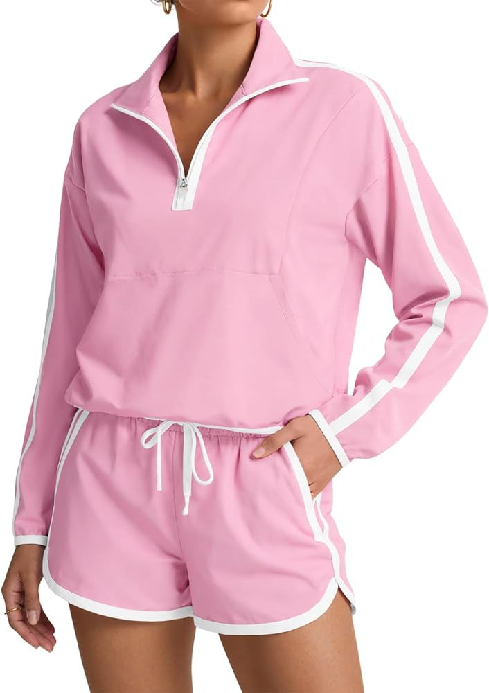 Fisoew Womens 2 Piece Outfits Sets Zip V Neck Long Sleeve Pullover Tops Shorts Casual Tennis Runn... | Amazon (US)