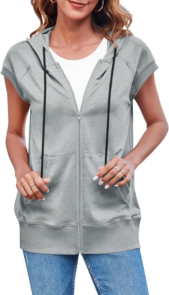 Fisoew Women's Sleeveless Zip Up Hoodies Casual Loose Fit Drawstring Sweatshirts Lightweight Jack... | Amazon (US)