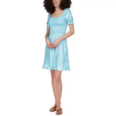 Michael Kors Women s Foil Print Smocked Peasant Dress Blue Size XX-Small | Walmart (US)