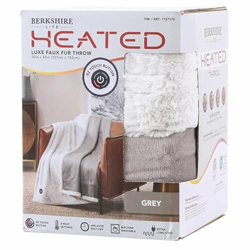 Berkshire Life Heated Throw - 50 in X 60 in Electric Blanket - EZ Touch Button - 4 Heat Settings - Machine Washable - Extra Long Cord - Reversable White Luxe Faux Fur to Color - Grey | Amazon (US)