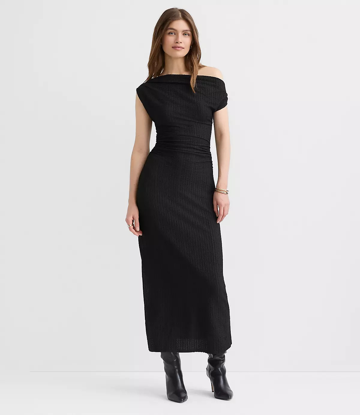 Asymmetrical Ruched Midi Dress | LOFT