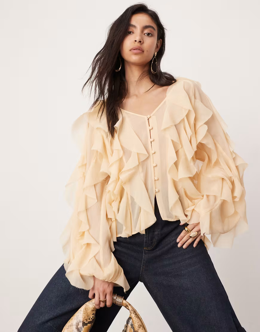 ASOS EDITION ultimate raw edge ruffle blouse in beige-Brown | ASOS (Global)
