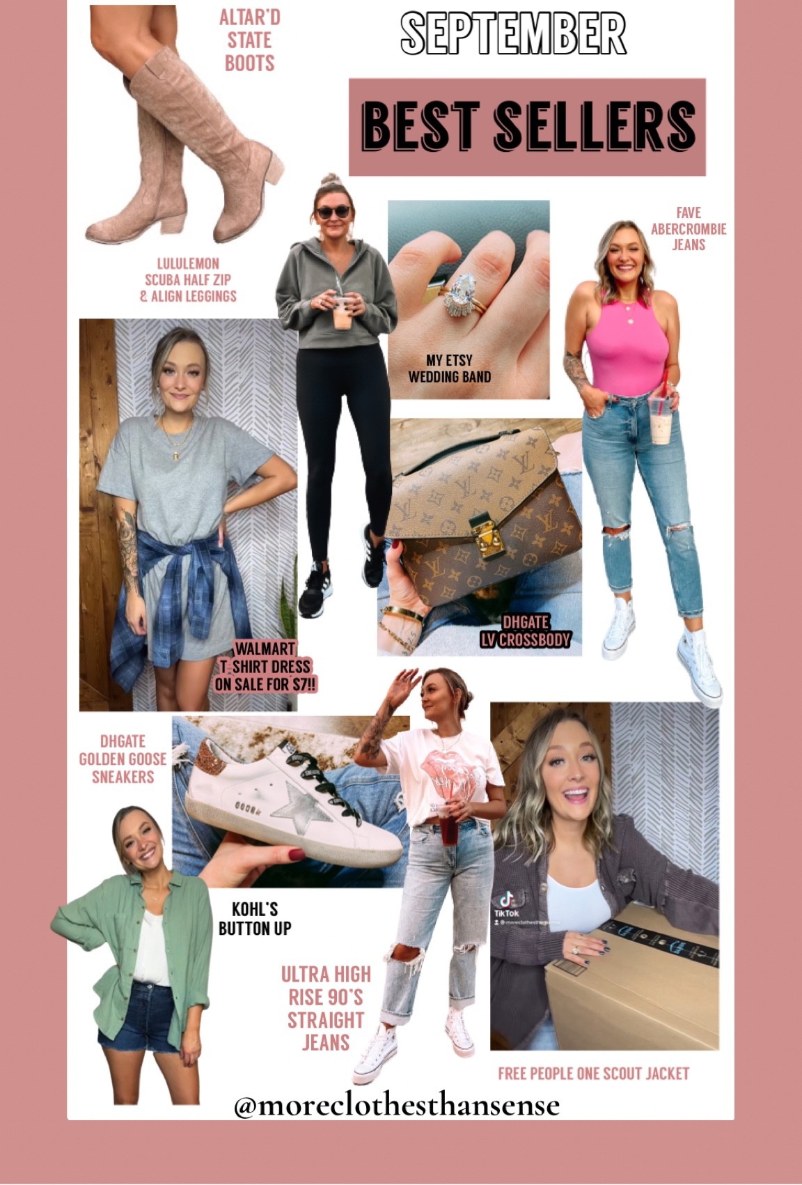September Best Sellers 
Altar’d State Boots- true to size, 9 | LULULEMON Scuba-M/L & Lululemon Align Leggings-10 | Fave Abercrombie jeans-30L | Walmart T-shirt dress-L | Kohls button up-XL | Abercrombie 90’s Straight-30r | FP one scout jacket- very oversized (I sized down 2 to a small)

#LTKunder100 #LTKstyletip #LTKunder50
