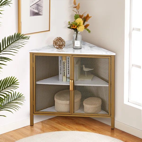 Corner End Table Shelf, 3-Tier Display Shelves with Protection Door, Metal Frame Storage Cabinet ... | Wayfair North America
