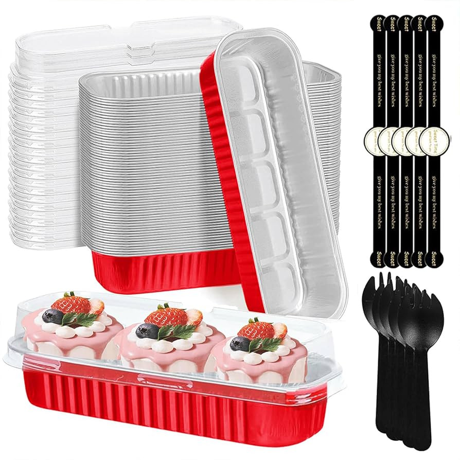 Mini Loaf Pans with Lids and Spoons- 50 Pack 6.8oz Aluminum Bread Cupcake Pie Foil Pans with Seal... | Amazon (US)