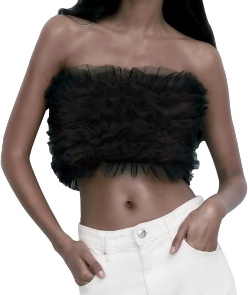 Women's Sexy Strapless Tulle Crop Top Elegant Mesh Pleated Tube Tops Off Shoulder Bustier for Par... | Amazon (US)