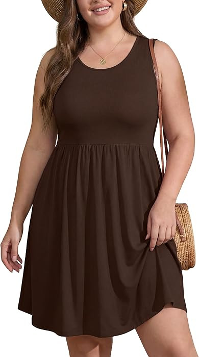 OLRIK Plus Size Sundress A-Line Summer Sleeveless Beach Knee Length Plus Size Skater Dress with P... | Amazon (US)