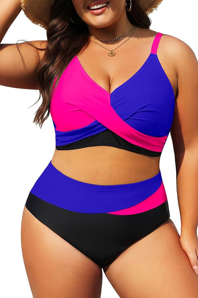 Tempt Me Plus Size Two Piece Swimsuit - Women High Waisted Bikini Set Tummy Control Bathing Suits | Amazon (US)