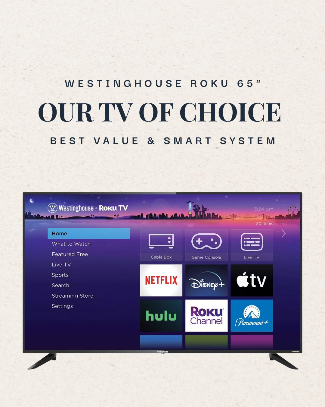 We've officially moved into our new house and we are looking to get a new TV. This is the one we had in our last house and we love it, I personally really prefer the ROKU system to others I have used. I think TV's are a good place to save money since they are all great quality these days, and I can't tell a difference between this and the top quality options!  

 #LTKHome