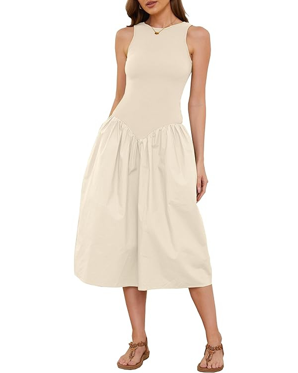 Women's Sleeveless Slim Fit Midi Dress Drop-Waist Crew Neck Patchwork Dress Ribbed a-Line Summer ... | Amazon (US)