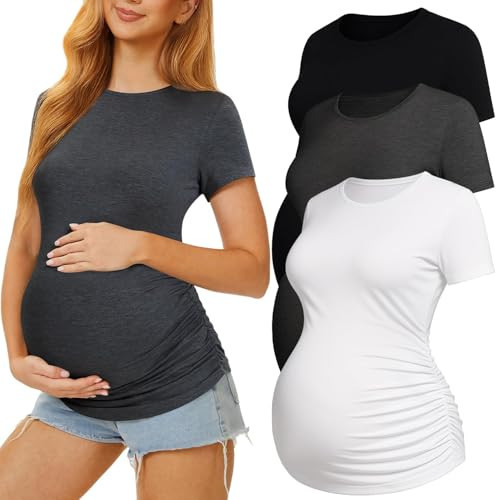 MIRAZEN 3 Pack Womens Maternity Shirts - Crew Neck Maternity Top Short Sleeve Pregnancy Tee Shirts, Black/White/Dark Grey, Large | Amazon (US)