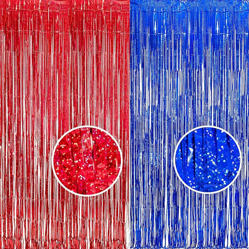 Foil Fringe Curtain Party Decorations - Red Blue Metallic Tinsel Photo Booth Backdrop Party Steam... | Amazon (US)
