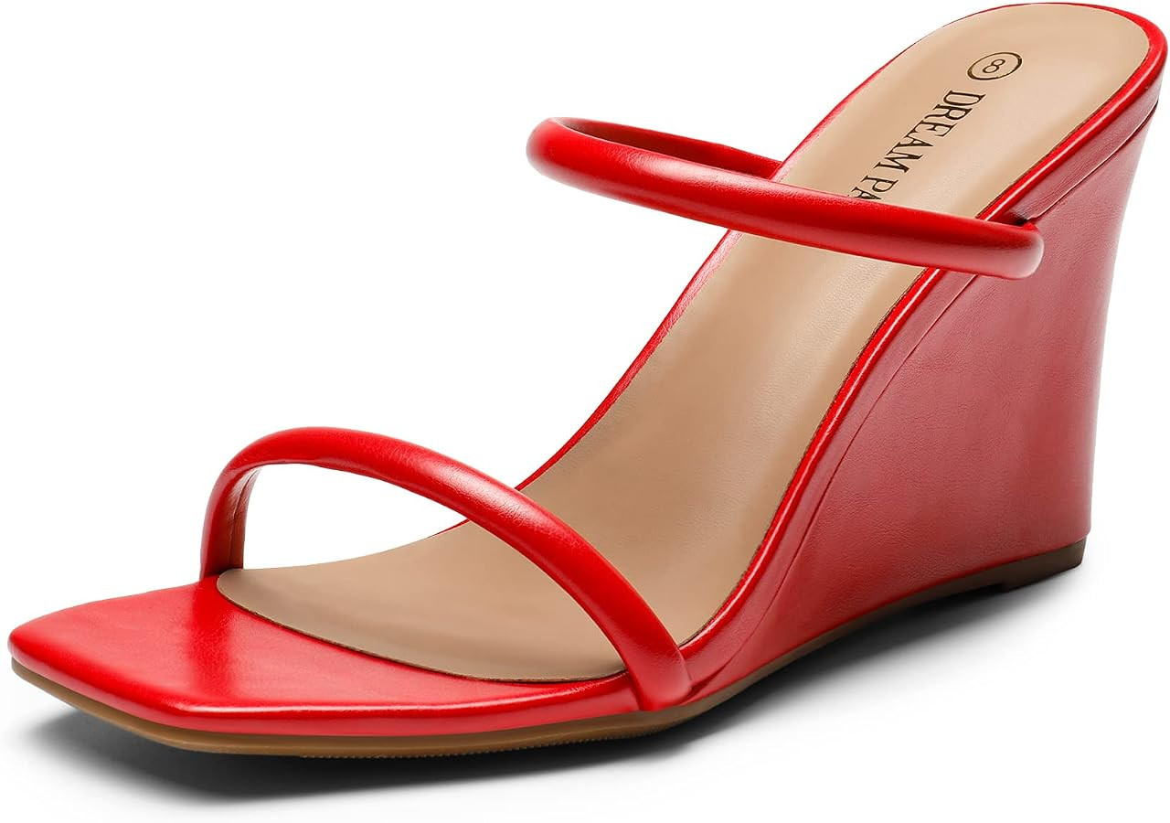 DREAM PAIRS Women's Slides Wedge Sandals Two Strap Square Open Toe Dress Shoes | Amazon (US)