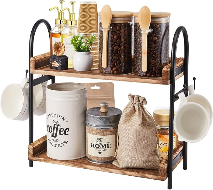Coffee Bar Accessories, 2-Tier Coffee Bar Organizer with 4 Coffee Cup Holder Hooks, Mul-tifunctio... | Amazon (US)