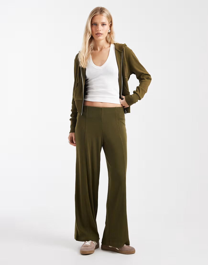 ASOS DESIGN fine knit wide leg pants in olive-Green | ASOS (Global)
