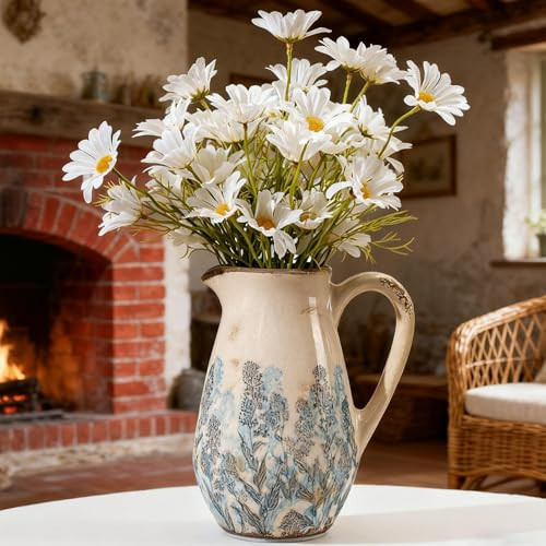 Vintage Blue and Beige Floral Ceramic Vase with Handle, Retro Ice Glazed Crack Farmhouse Pitcher Vase for Home Decor, Living Room, Shelf, Office, French Country Decorative Flower Vase 8.7 Inch | Amazon (US)