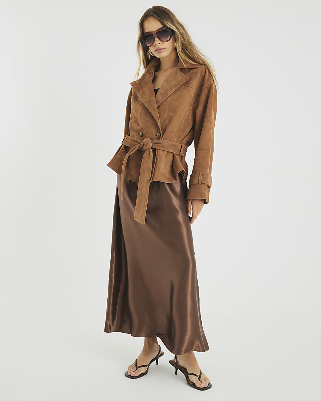 Brown Suede Cropped Trench Coat | River Island UK & IE