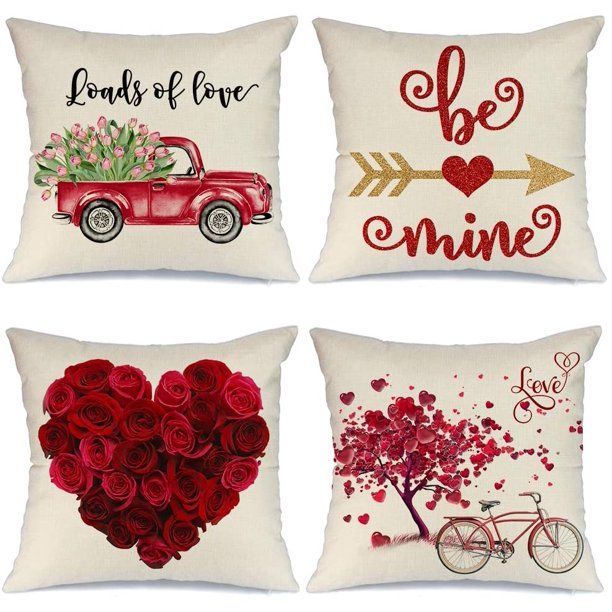 Valentines Day Pillow Covers 18x18 inch Set of 4 for Home Decor Truck Flower Red Heart and Love B... | Walmart (US)