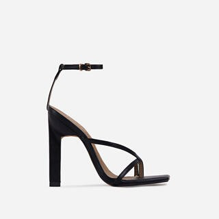 Enlighten Criss Cross Square Toe Sculptured Block Heel In Black Faux Leather | EGO (UK)