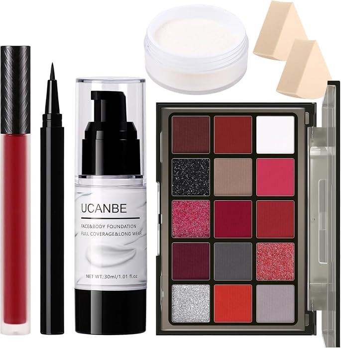 UCANBE Halloween Makeup Kit \u2013 15-Color Red Eyeshadow Palette, White Liquid Foundation, Red L... | Amazon (US)