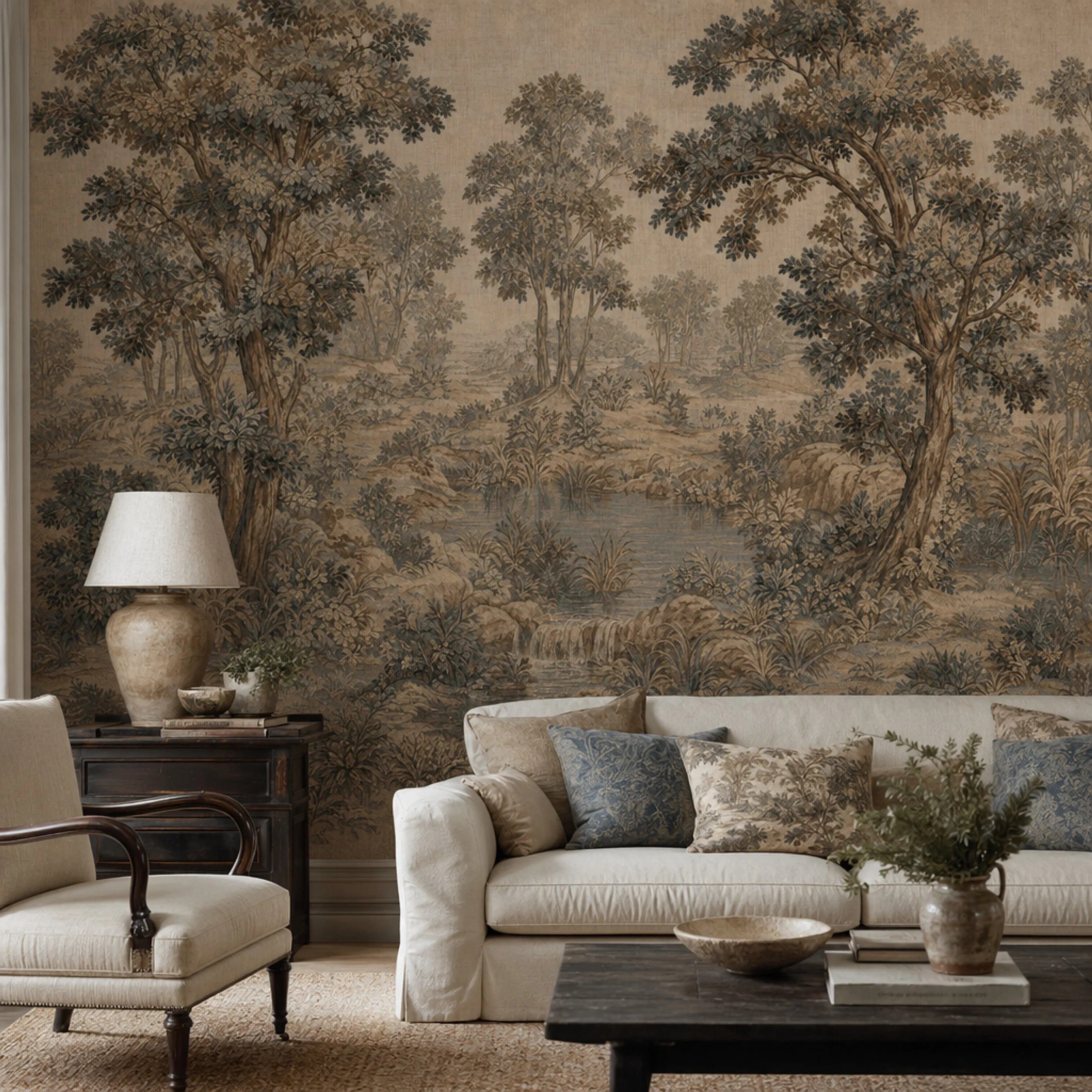 Woodland Landscape Wallpaper Toile Illustration Vintage Pastoral Wall Mural | Wayfair North America