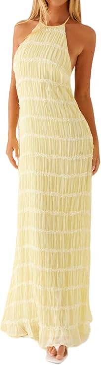 Women Summer Halter Neck Maxi Dress Flowy Ruffle Tiered Sleeveless Sundress Boho Backless Spaghet... | Amazon (US)