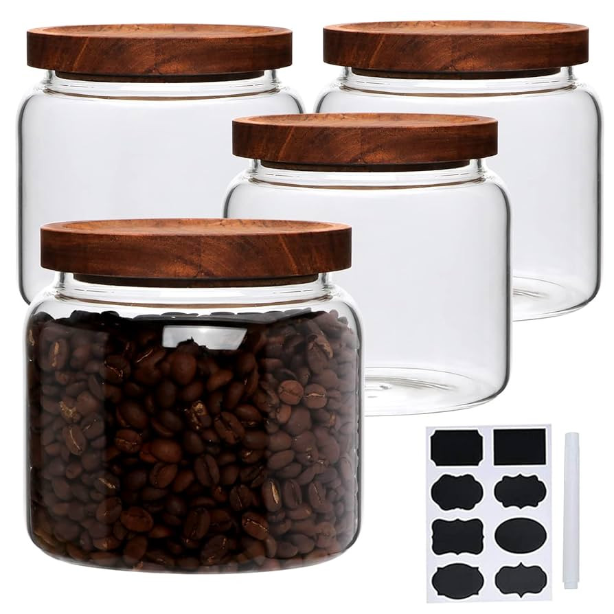 Glass Jars,Set of 4 Glass Food Storage Containers with Wooden Lids,Clear Glass Canister Sets for ... | Amazon (US)
