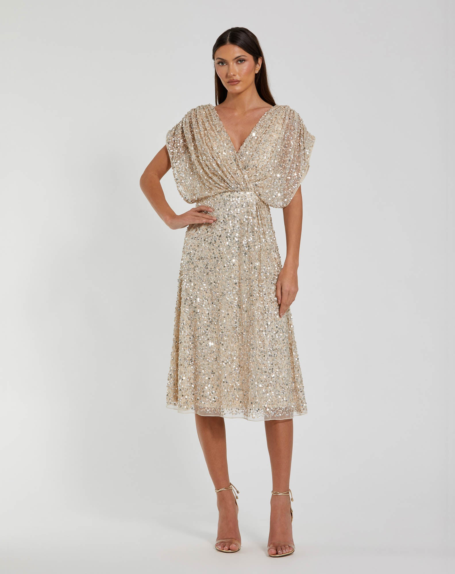 Beige Sequin Draped Sleeve V-Neck Midi Dress | Mac Duggal | Mac Duggal