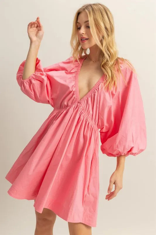 HYFVE Plunge Balloon Sleeve Poplin Mini Dress with Pockets | Socashley Closet